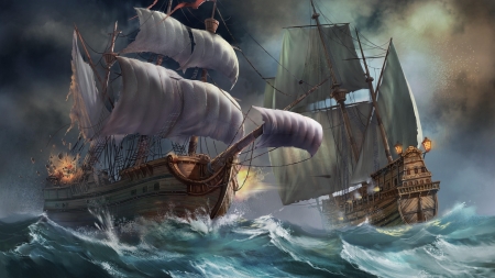 Ships - storm, fantasy, summer, rain, ship, sea, vara, luminos