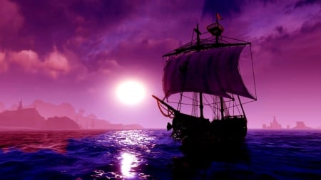 Ship - moon, summer, blue, ship, sea, night, pink, fantasy, cloud, vara, luminos, luna