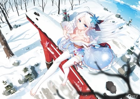 Saigyouji Yuyuko - saigyouji yuyuko, anime, winter, blue, girl, manga, bai yemeng, white, red