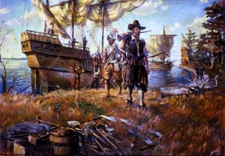 Jamestown - painting, ship, art, jamestown, man