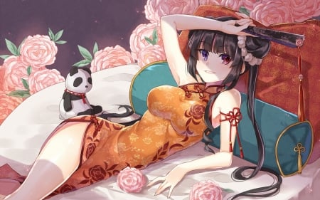 :-) - hand fan, anime, panda, girl, flower, pink, orange, manga, rose