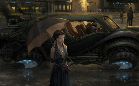 :-) - girl, night, fantasy, umbrella, car, rain, nigjt, art, luminos