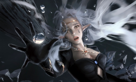 :-) - tears, view from the top, wlop, water drop, elf, fantasy, hand, art, luminos