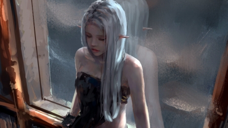 Elf girl - elf, fantasy, wlop, window, girl, art, luminos