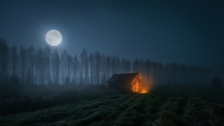 Moonlight - house, moon, fantasy, luminos, luna