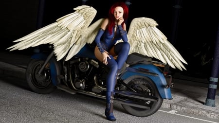 Angel - motorcycle, blue, girl, feather, angel, fantasy, white, redhead, rendering, wings