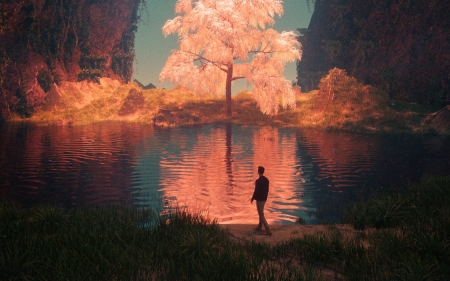 :-) - mike winkelmann, water, ssilhouette, fantasy, reflectionman, luminos, pink, synthpop, orange, tree