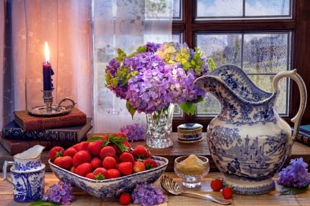 Still life - book, rain, bouquet, vase, lantern, tea, view, flame, pretty, flowers, tea time, fruits, window, strawberries, candle, room, home, hydrangea