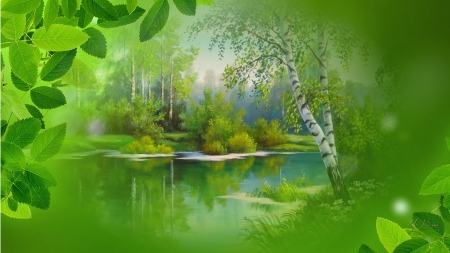 Fresh & Green Collage - fresh, trees, collage, summer, spring, foliage, green, leaves, pond, firefox theme