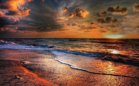 Seaside Sunset - beach, sunset, evening, waves