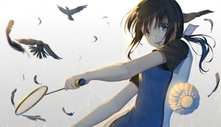 Girl playing badmington - vara, girl, ji dao ji, summer, bird, pasare, sport, white, blue, anime, badmington, manga