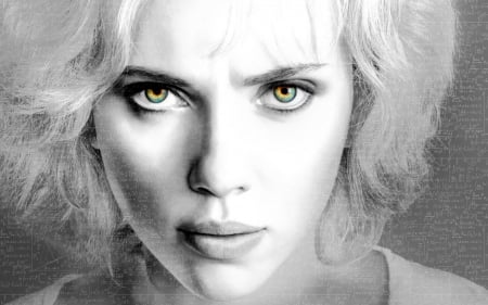 Lucy - face, portrait, actress, bw, girl, lucy, art, white, fantasy, scarlett johansson, movie