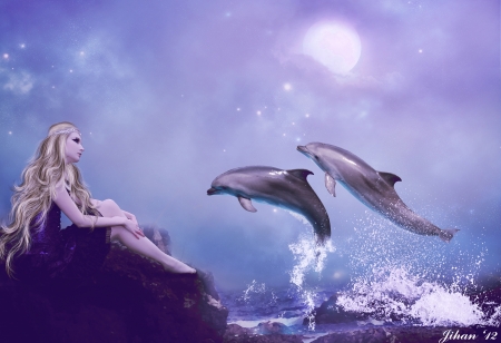 Moonlight - moon, summer, dolphin, girl, sea, night, fantasy, vara, luna