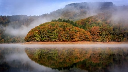 Foggy Lake - mists, trees, nature, autumn, foggy, lake, mountains, reflection