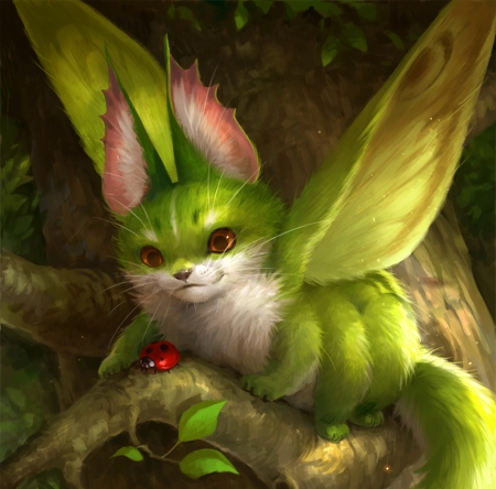 Fluffy - pink, cute, ladybug, wings, creature, sandara, fantasy, luminos, fluffy, green