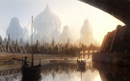 Templepolis - fantasy, water, boat, city, art, castle, luminos