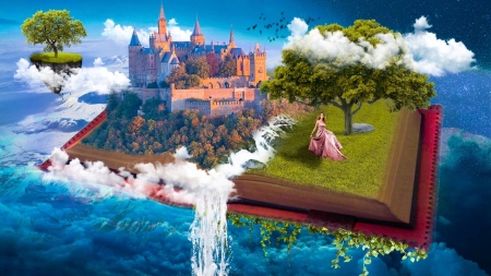 Fantasy - princess, girl, castle, book, waterfall, fantasy