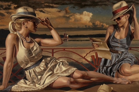 Girls - vara, hat, girl, summer, wind, painting, art, cloud, peregrine heathcote, dress, retro