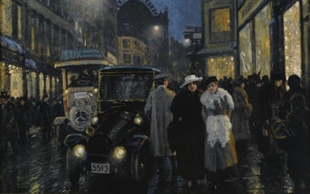 :-) - people, city, night, retro, car, vintage, painting, woman, paul gustav fischer, art