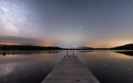 Night over Lake Kirchsee - stars, lake, pier, night, germany