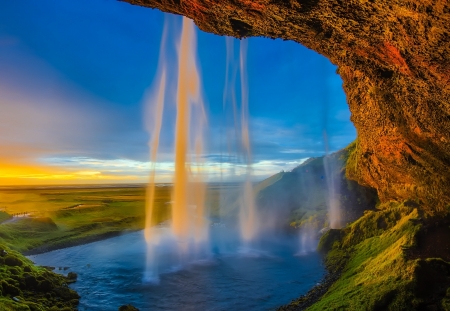 Pretty waterfall - water, sunset, moss, waterfall, nature, view, pretty, blue, cave, rock