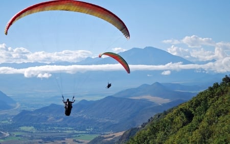 Paragliding over Mountains - clouds, paragliders, mountains, sky