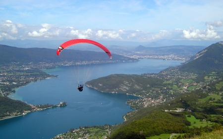 Paragliding over River - paraglider, sky, landscape, river