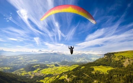 Paraglider in the Sky - paraglider, sky, hills, landscape