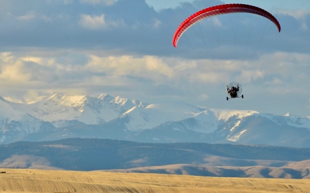 Paraplane in the Sky - paraplane, field, mountains, sky