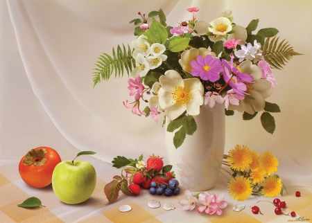 Still Life - flowers, berries, apple, still life