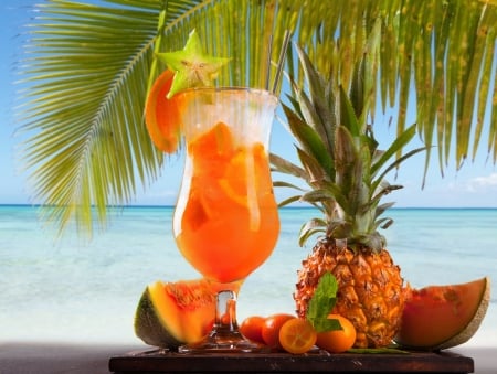 Summer Drinks - juice, pineapple, beach, table, mojito, leave