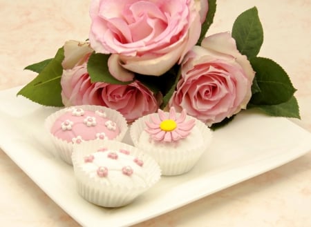 Have a sweet day! - cupcake, food, flower, pink, sweet, soft, rose, dessert, card