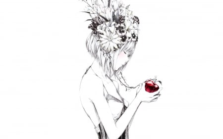 The red apple - anime, girl, sawasawa, black, manga, white, red, fruit, apple