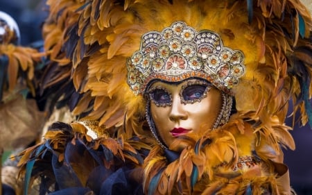 Venice carnival - venice carnival, mask, girl, face, feather, orange