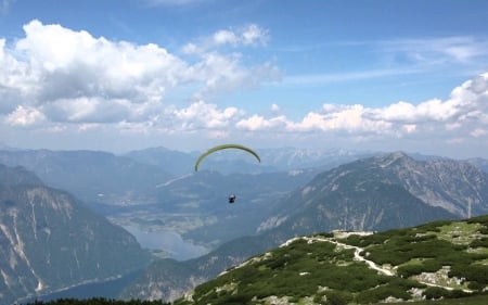 Paragliding over Mountains - paraglider, mountains, sky, clouds