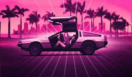 :-) - vara, palm tree, girl, summer, black, fantasy, car, luminos, pink, synthpop