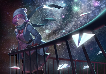 Chaos of the Stars - Railings, Paperplanes, Cute, Sweet, Scenic, Skirt, Night, Lovely, Stars, Anime, Happy, Senjougahara, Beauty, Purple Hair, Madyy, Gloves, Hat, Winter Outfit, Monogatari, Beautiful, Milky Way, Pretty, Blue Eyes, Girl, Hitagi, Short Hair, Balcony, School Uniform, Bakemonogatari, Tie, Scarf