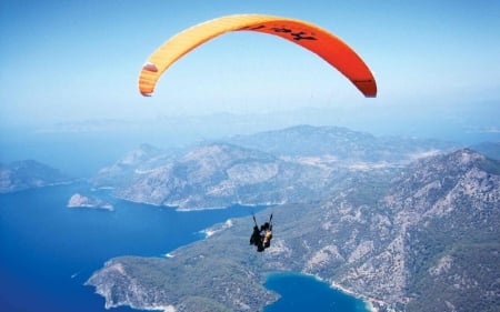 Paraglider in the Sky - sea, paraglider, mountains, sky