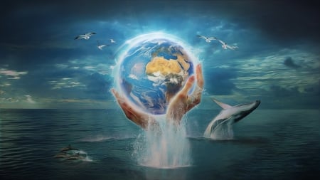 Save the Earth - summer, dolphin, fantasy, water, hand, vara, earth, blue