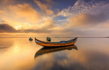 Sunset - clouds, evening, river, sunset, boats