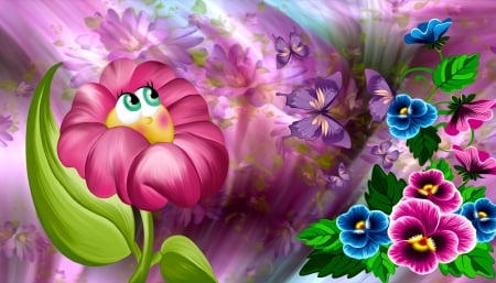 Floral art - paradise, colorful, pansies, art, pretty, floral, beautiful, smile, flowers, garden, butterflies