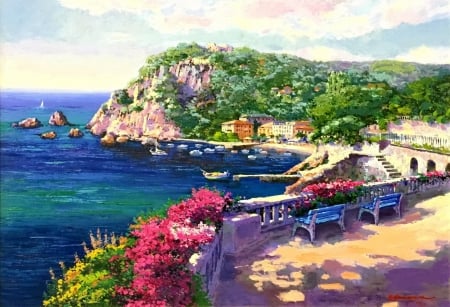 Costa Brava - lake, bench, picturesque, coast, painting, village, view, art, rest, sea, costa brava