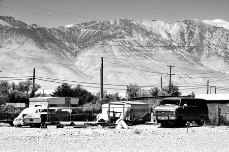 Small desert town - usa, nevada, desert, trailer park, desert town, van, black and white, mountains