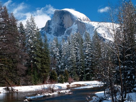 Half Dome Mountain - mountain, trees, snow, river, winter