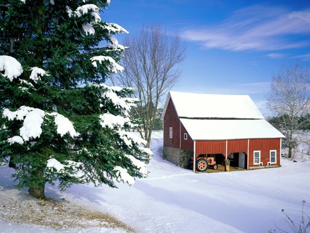 snow on the barn - winter, barn, snow, tree, sky