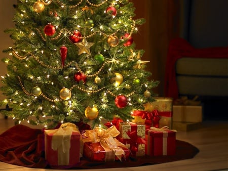 warm holidays - home, red, tree, gifts, x-mas, lights, gold, christmas