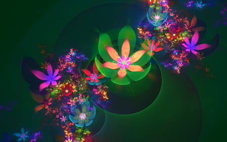 Flowers - romantic, great, pink, flowers, widescreen, zen, nice, other, glowing flowers, hot, calming, beauty, colors, flower, tranquility, picture, yellow, blue, amazing, purple, gorgeous, red, colored, color, beautiful, 3d and cg, cool, lovely, colorful, awesome, fairy, adorable, peaceful, dreamy