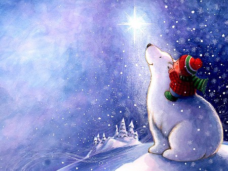 STAR OF WONDER - admiring, whimsical scene, north, starlit sky, polar bear, child