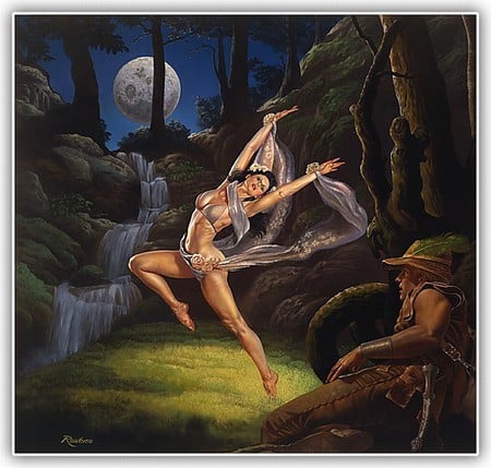 Beren and Luthien - rowena morrill, women, moon, rowena, luthien, waterfall, fantasy, moons, art, abstract, beren, 3d, dancing