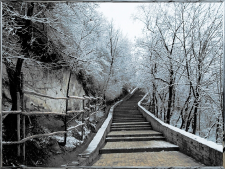 Evening winter fairy tale... In the park of the Monastery - stairs, winter, fairy, tale